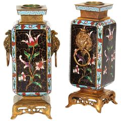 Pair of French Japonisme Ormolu and Champlevé Cloisonné Enamel Vases