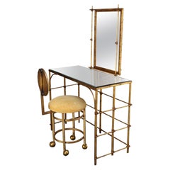 Hollywood Regency Gilt Metal Rope-Tied Mirrored Vanity with Chair on Casters