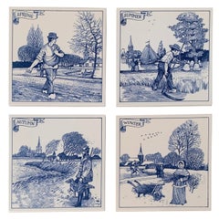 Vintage Dutch Delft Handmade Blue and White Tiles of The Four Seasons, Set of 4