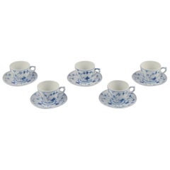 Royal Copenhagen Blue Fluted Plain. Set of five coffee cups with saucers.