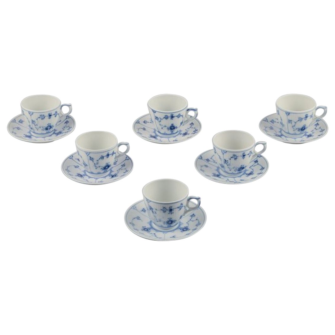 Royal Copenhagen Blue Fluted Plain. Six coffee cups with saucers.