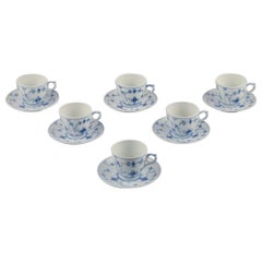 Royal Copenhagen Blue Fluted Plain. Six coffee cups with saucers.