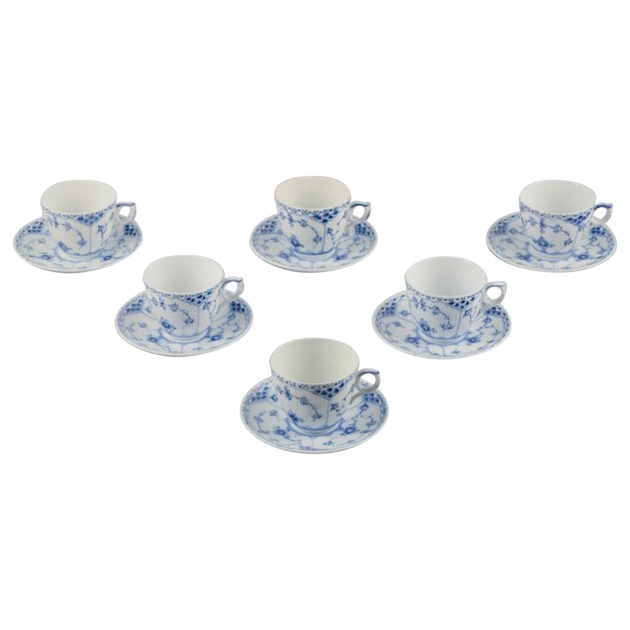 Royal Copenhagen Blue Fluted Half Lace, six pairs of coffee cups.