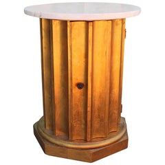 Modern Scalloped Gold Leaf and White Marble Column Side Table / Cabinet