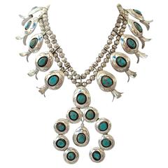 1970s Silver and Turquoise Navajo Squash Blossom Necklace