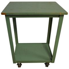 Industrial Cart on Wheels of Painted Green Wood and Steel Frame