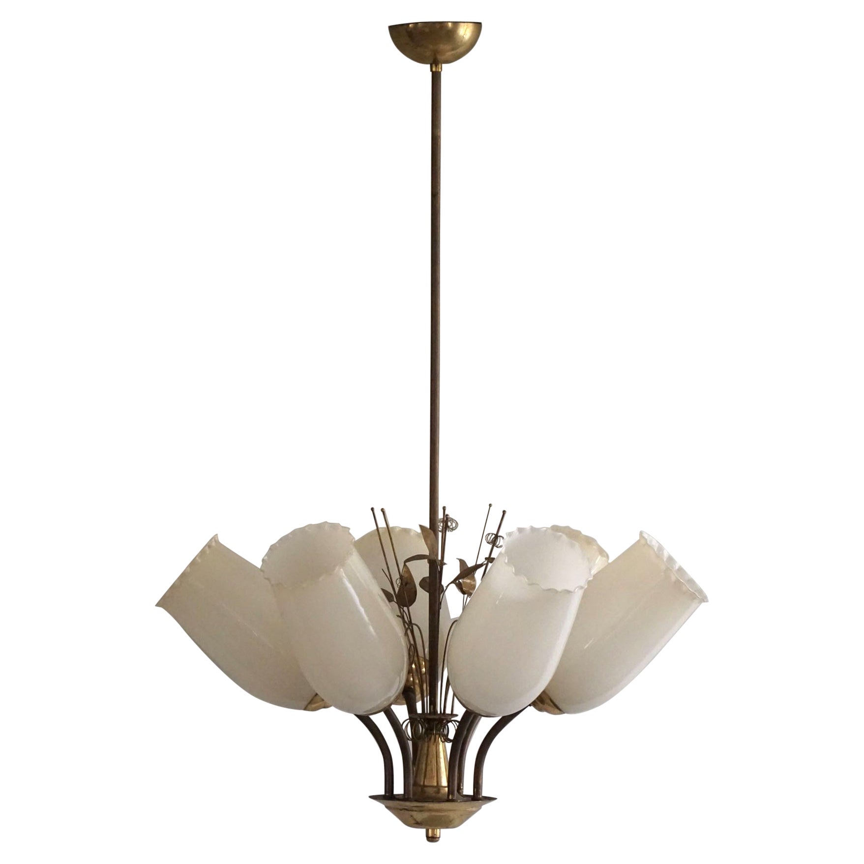 Paavo Tynell for Idman OY, Chandelier in Brass & Glass, Finland, 1940s