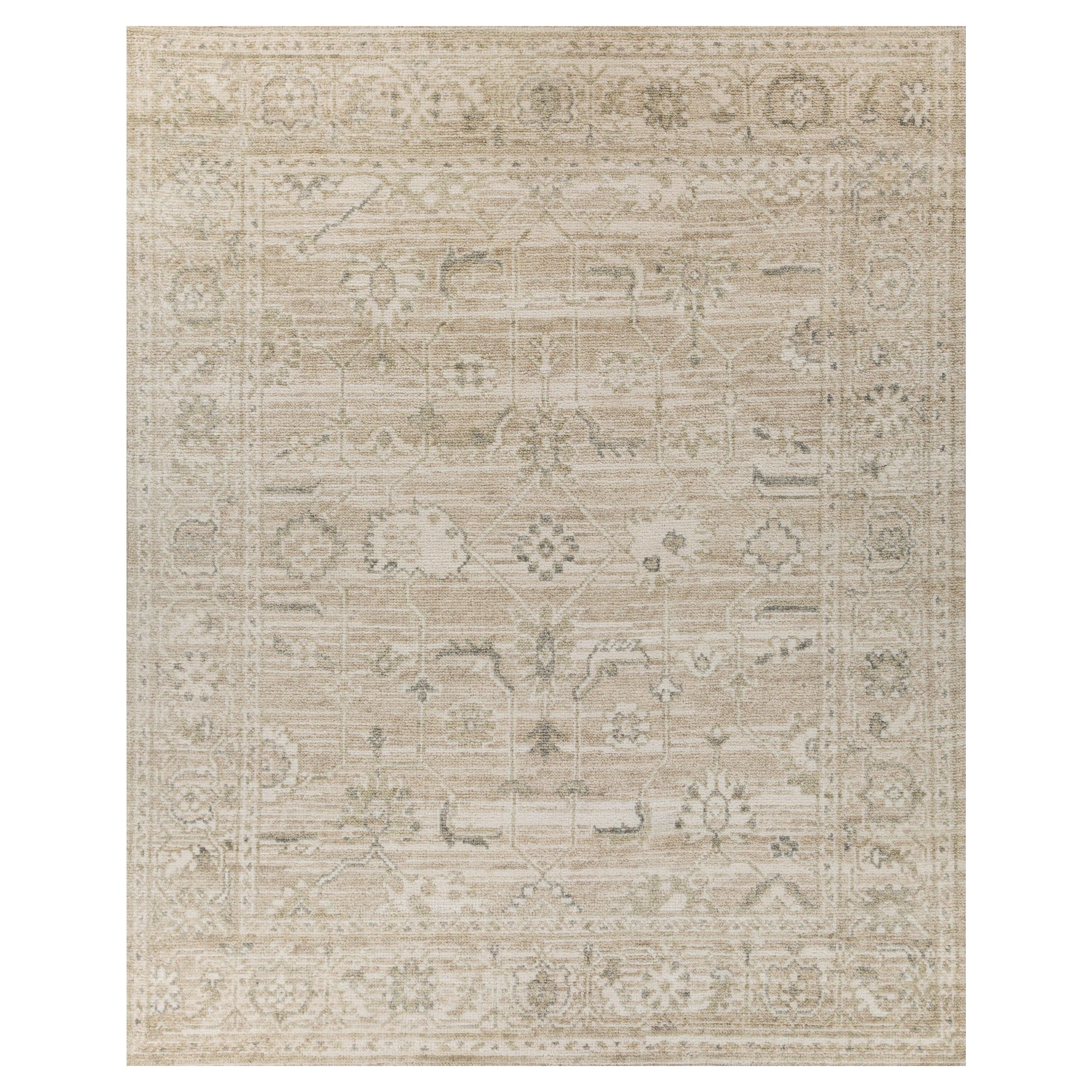 Hand-Knotted Jaipur Wool Rug in Soft Beige and Green, Subtle Abstract Design