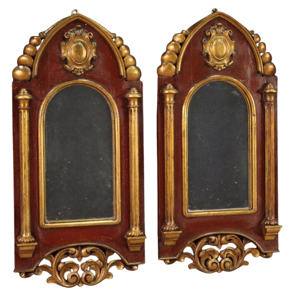 Pair of 20th Century Spanish Neo-Gothic Style Lacquered Gold Wood Mirrors, 1950 in vendita