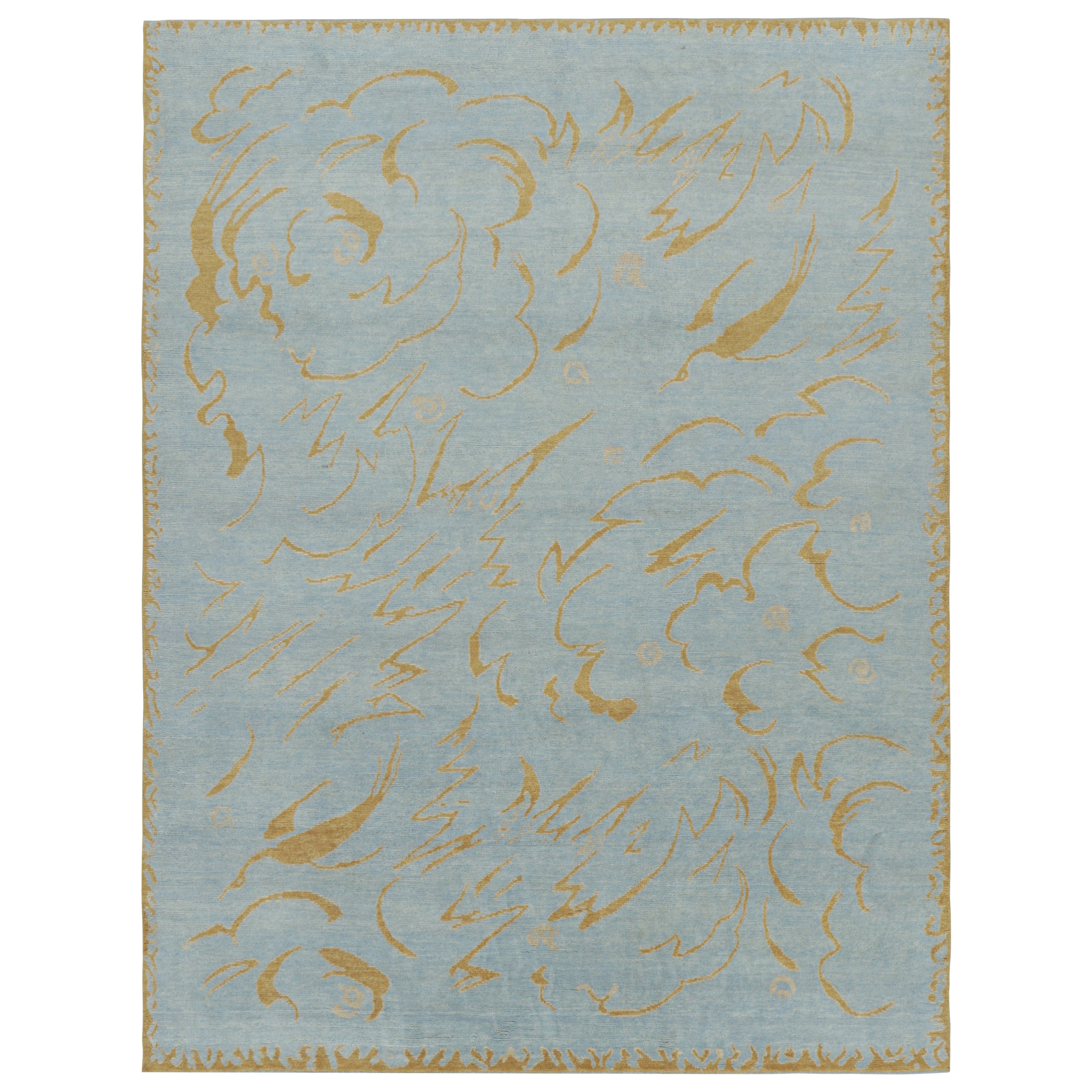 Rug & Kilim’s French Art Deco Rug in Blue with Curving Gold Patterns