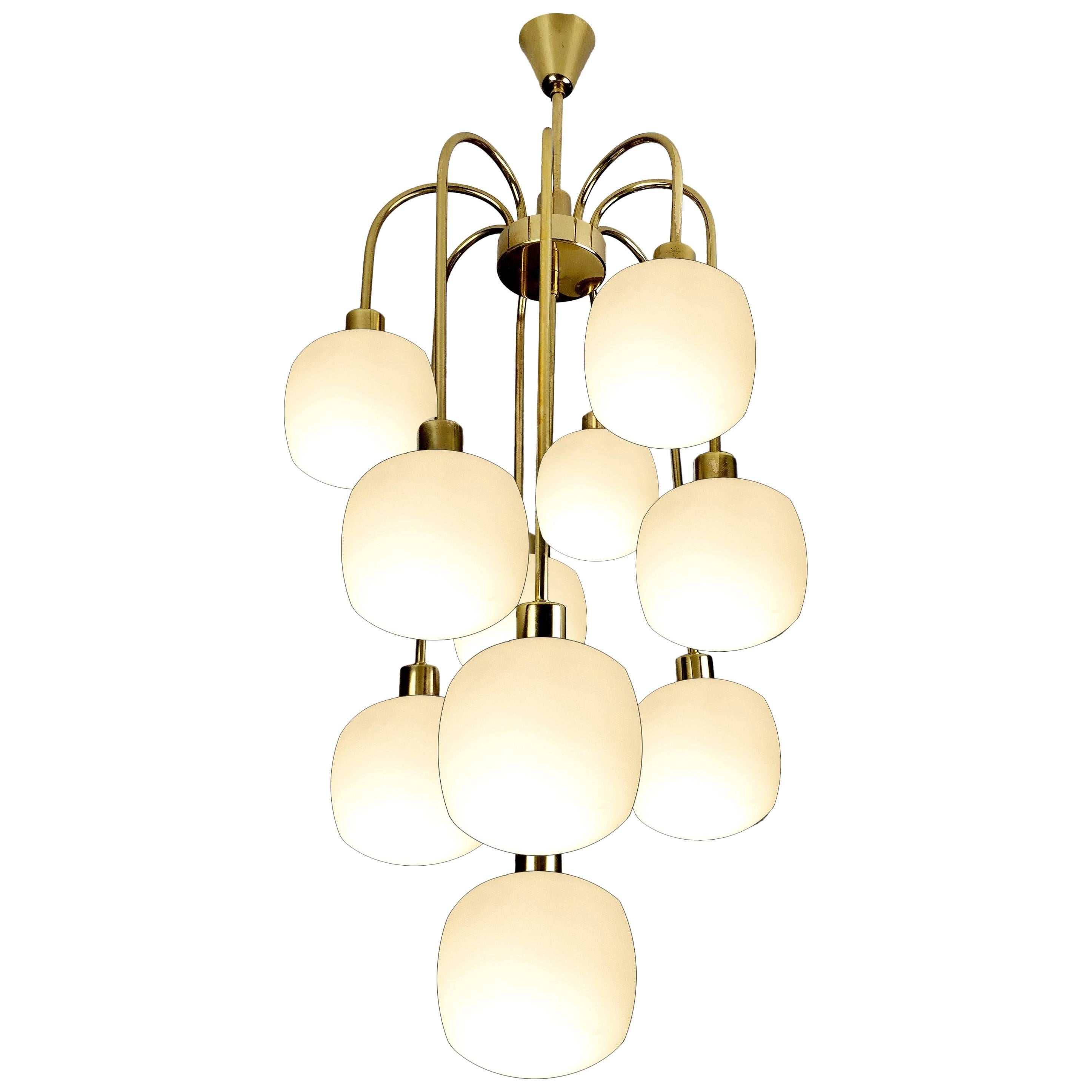 Large Cascade Italian Glass and Brass Chandelier, 1960s Modernist Pendant Lamp