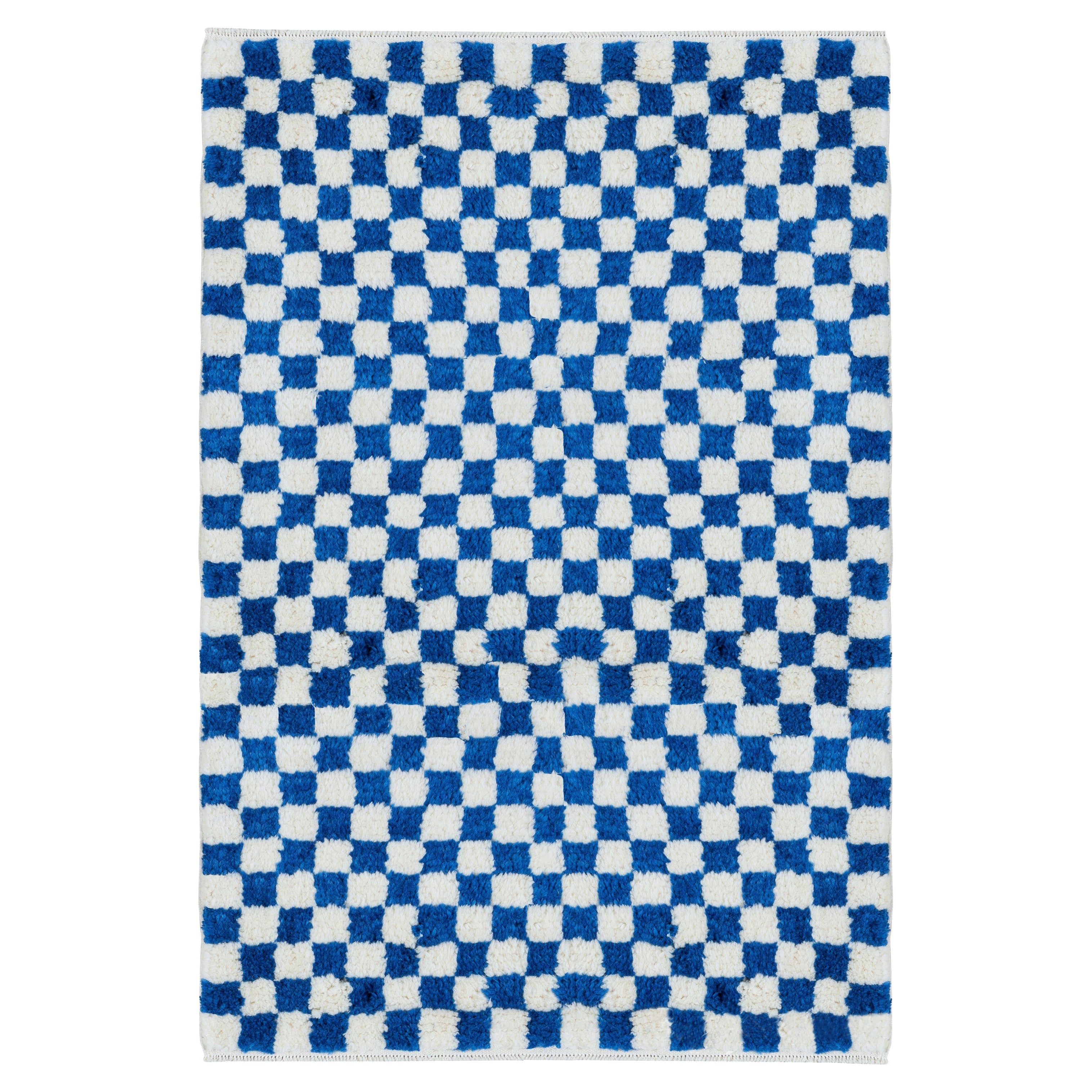 Alfombra Tulu de diseño a cuadros, azul y marfil, hecha a mano. 100% Lana suave y acogedora