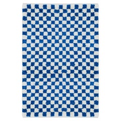 Alfombra Tulu de diseño a cuadros, azul y marfil, hecha a mano. 100% Lana suave y acogedora