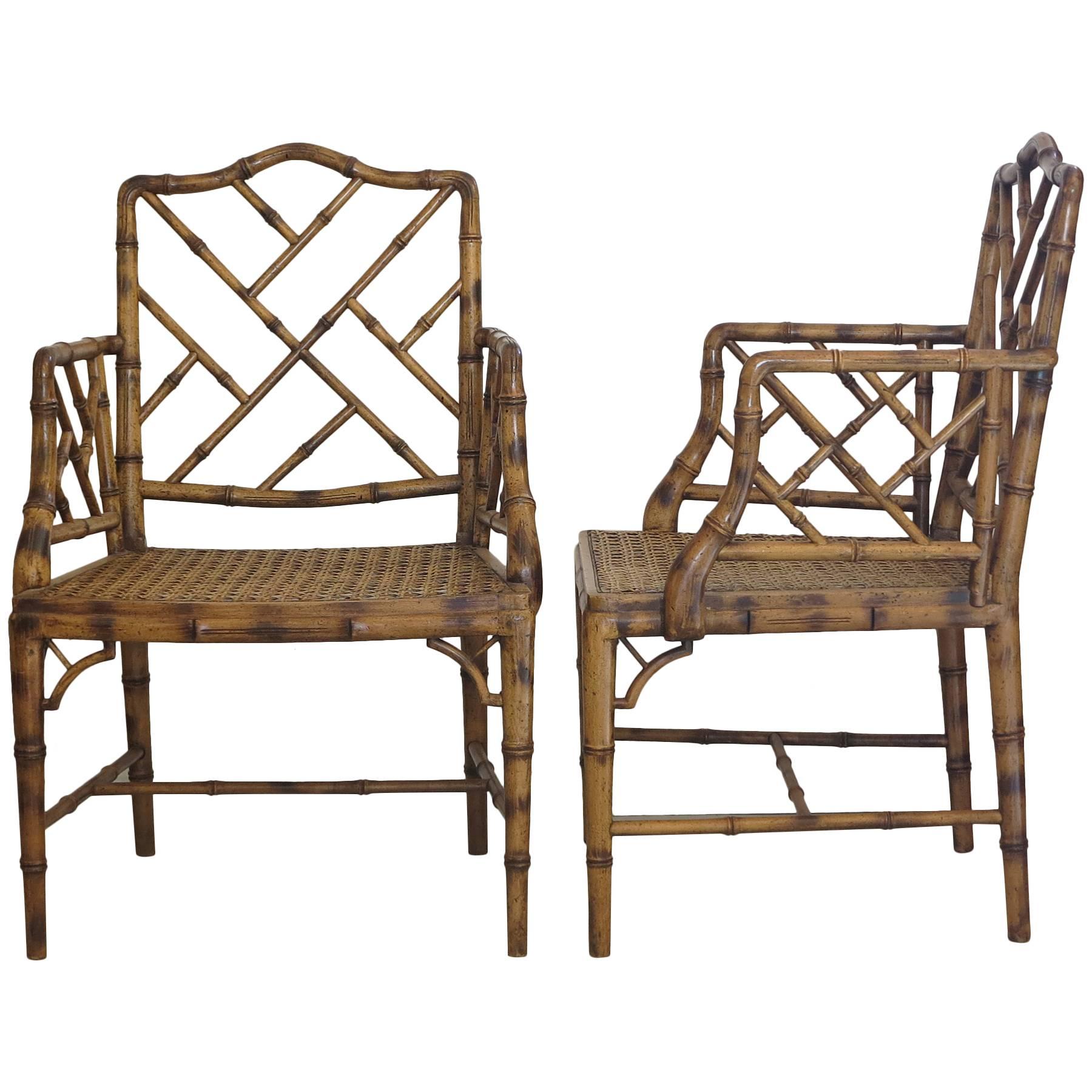 Two Chinese Chippendale Faux Bamboo Arm chairs 1980s