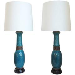 Pair of Mid-Century Turquoise Ceramic Lamps