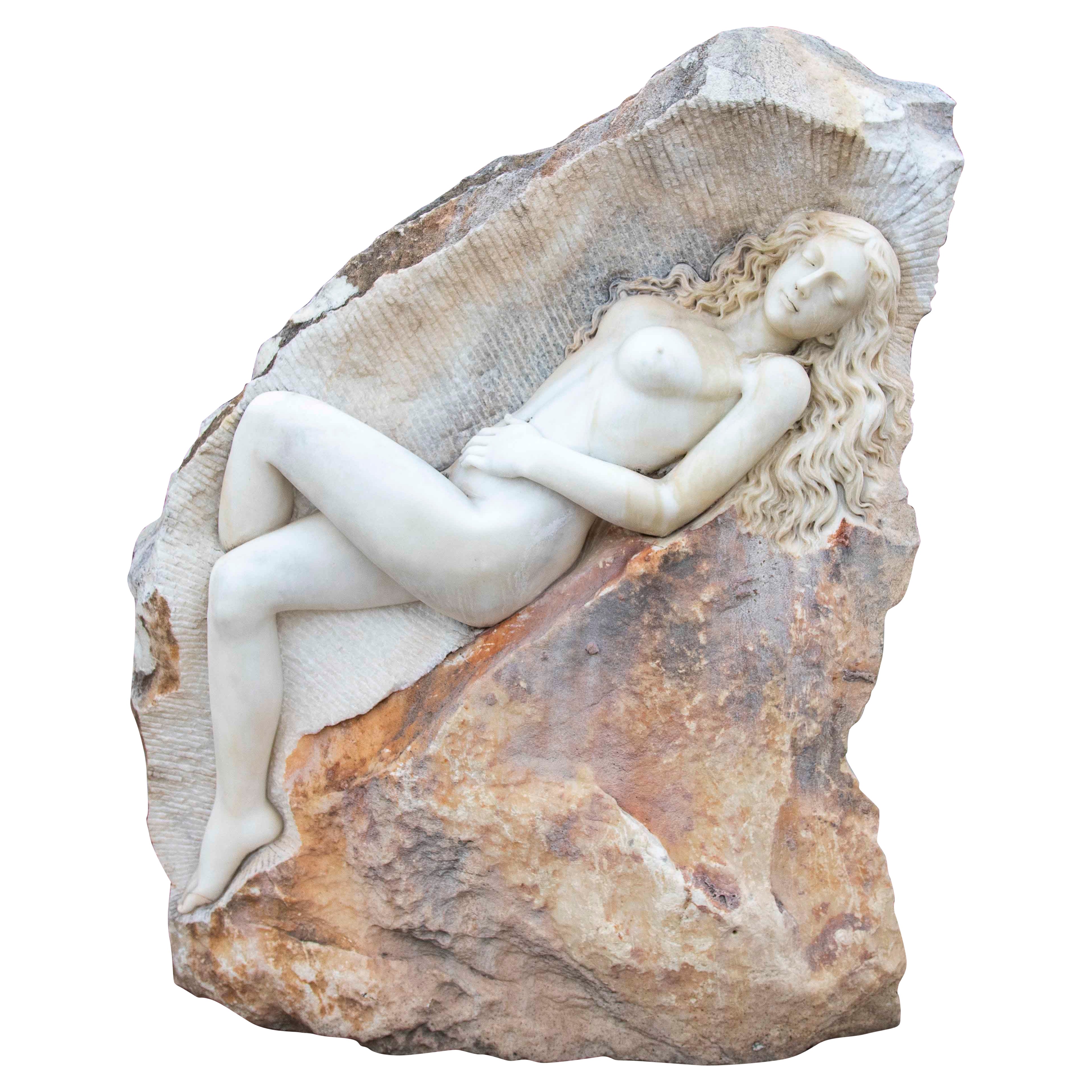 Hand Carved Monumental Sculpture of a Woman on Marble Rock.