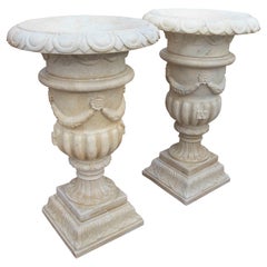 Pair of Hand Carved White Marble Cups with Garland Decoration