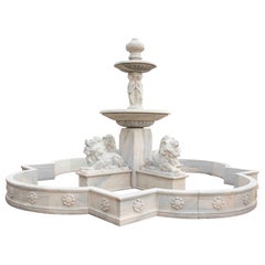 Hand Carved Monumental Fountain with Fence in White Farble & Gray Veins