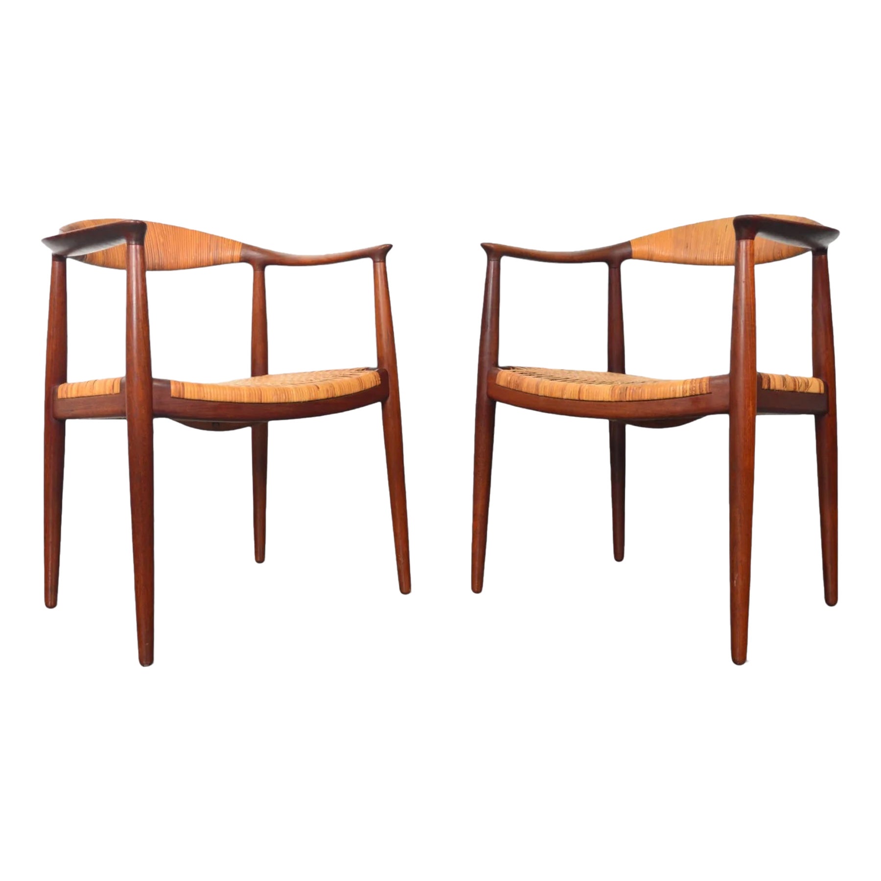Pair of Hans Wegner Jh-501 Round Chairs in Teak + Cane