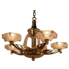 French Bronze and Glass Art Deco Chandelier by Petitot