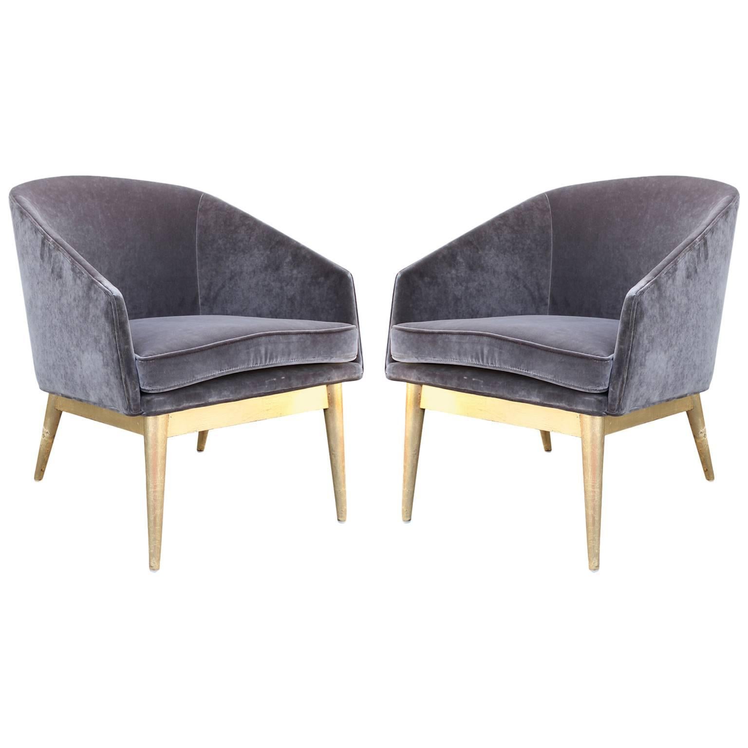 Luxe Pair of Gold Leaf and Grey Velvet Barrel Back Lounge Chairs