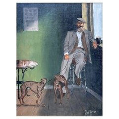 Ted Jones Dublin Ireland Irish Oil Painting Canvas Irishman with Guinness & Dogs