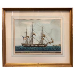 Grabado antiguo de Fragata americana Barco de la acuarela de Jean-Jérome Baugean
