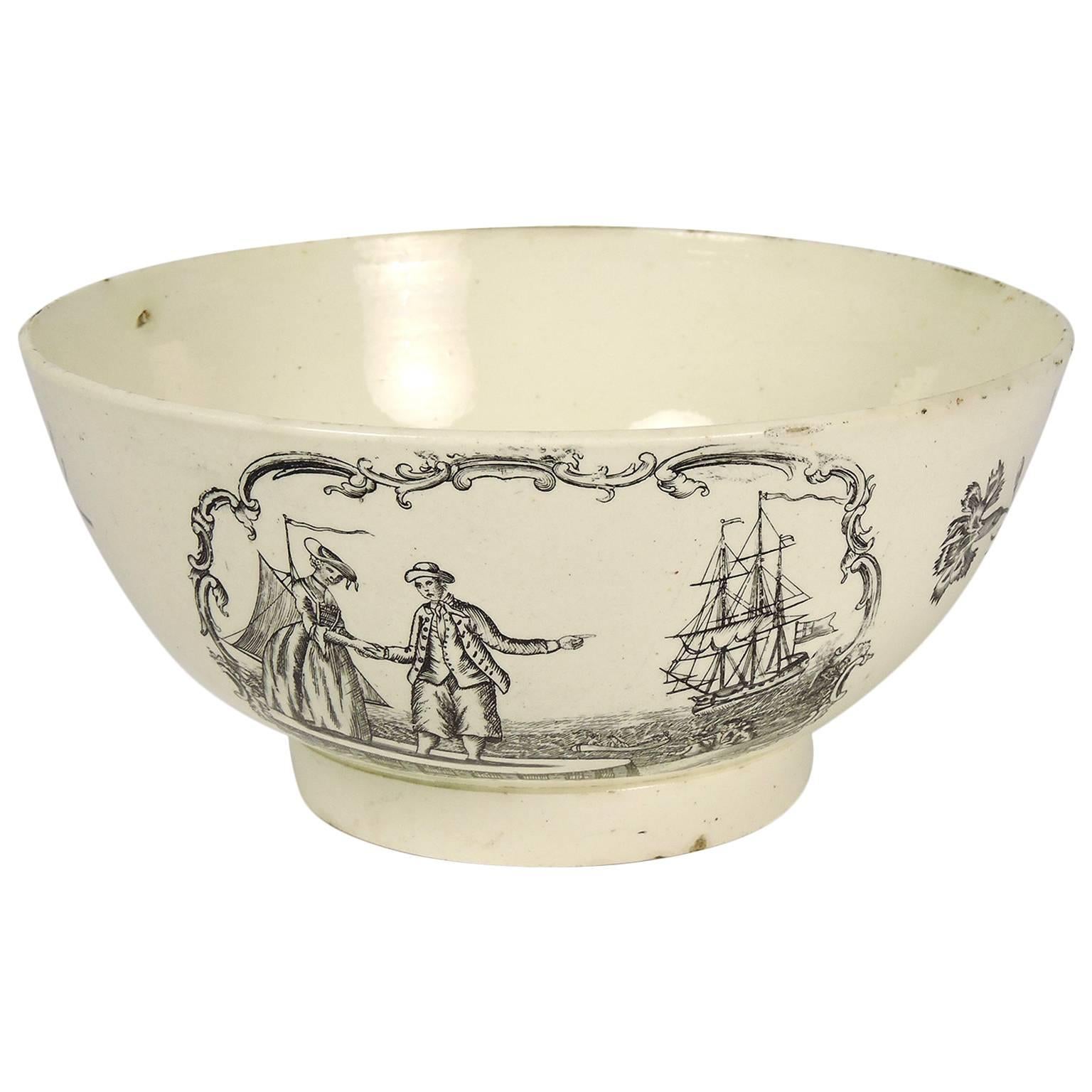 Rare 18th Century English Cream ware Black Transferware Bowl For Sale