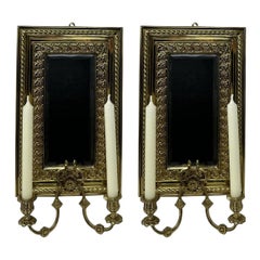 Antique Pair French Brass Girandole Wall Applique Sconces Mirrors Candlesticks