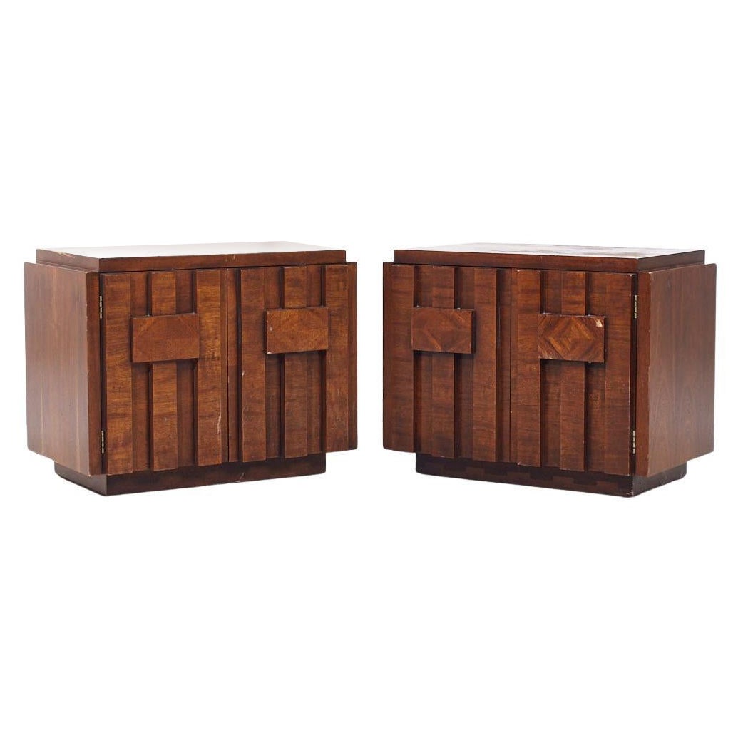 Lane Staccato Brutalist Mid Century Walnut Nightstands - Pair