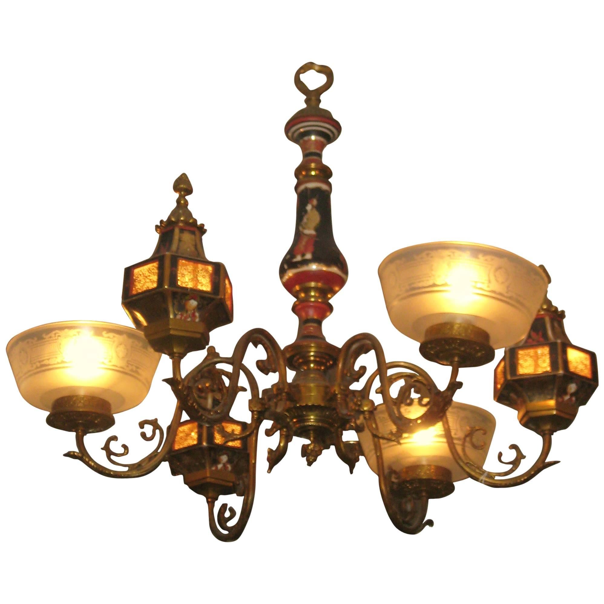 Antique Bronze and Porcelain Chinoiserie Decorated Six-Light Chandelier For Sale