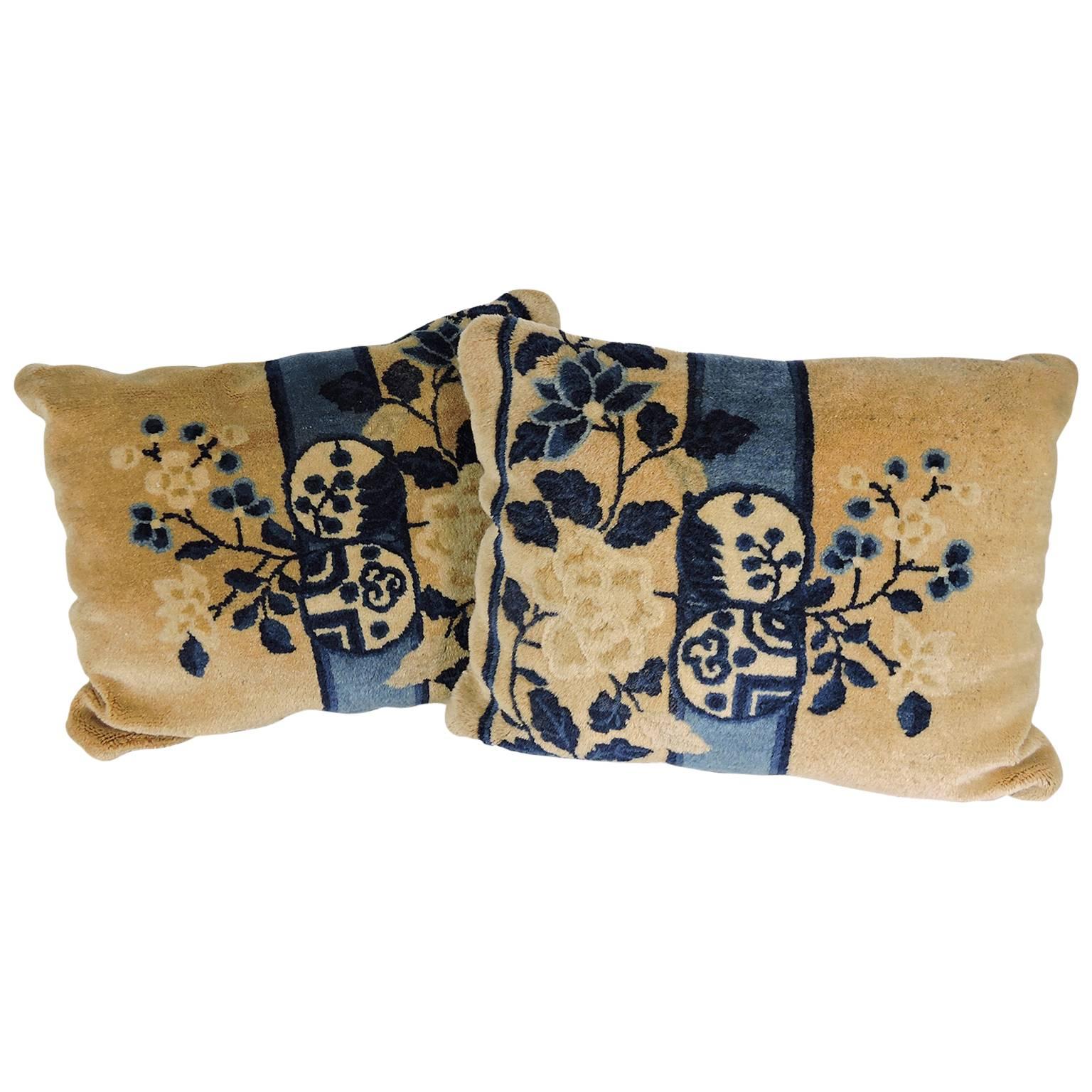 Pair of Antique Chinese Floral Rug Pillows  For Sale