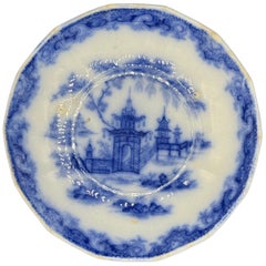 Piatto blu e bianco, motivo Whampoa inglese dello Staffordshire stampato a trasferimento