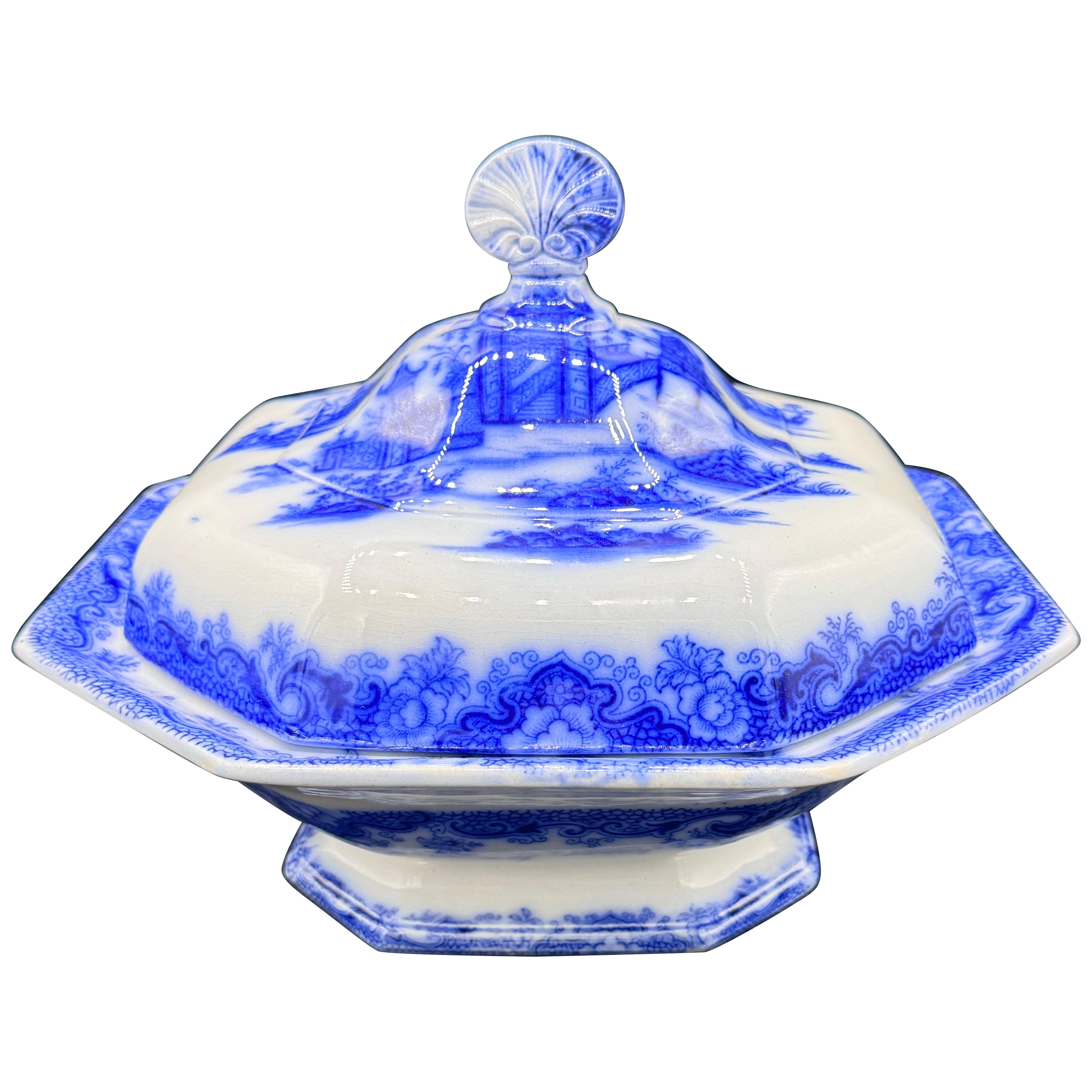Ciotola con piede blu e bianco con coperchio "motivo Whiting" Transferware