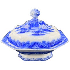 Ciotola con piede blu e bianco con coperchio "motivo Whiting" Transferware