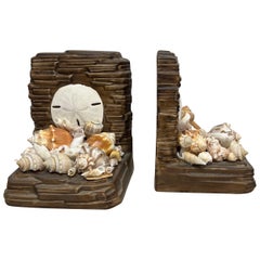 1960’s Faux Bois Ceramic and Shell Encrusted Bookends or Wall Brackets, Signed