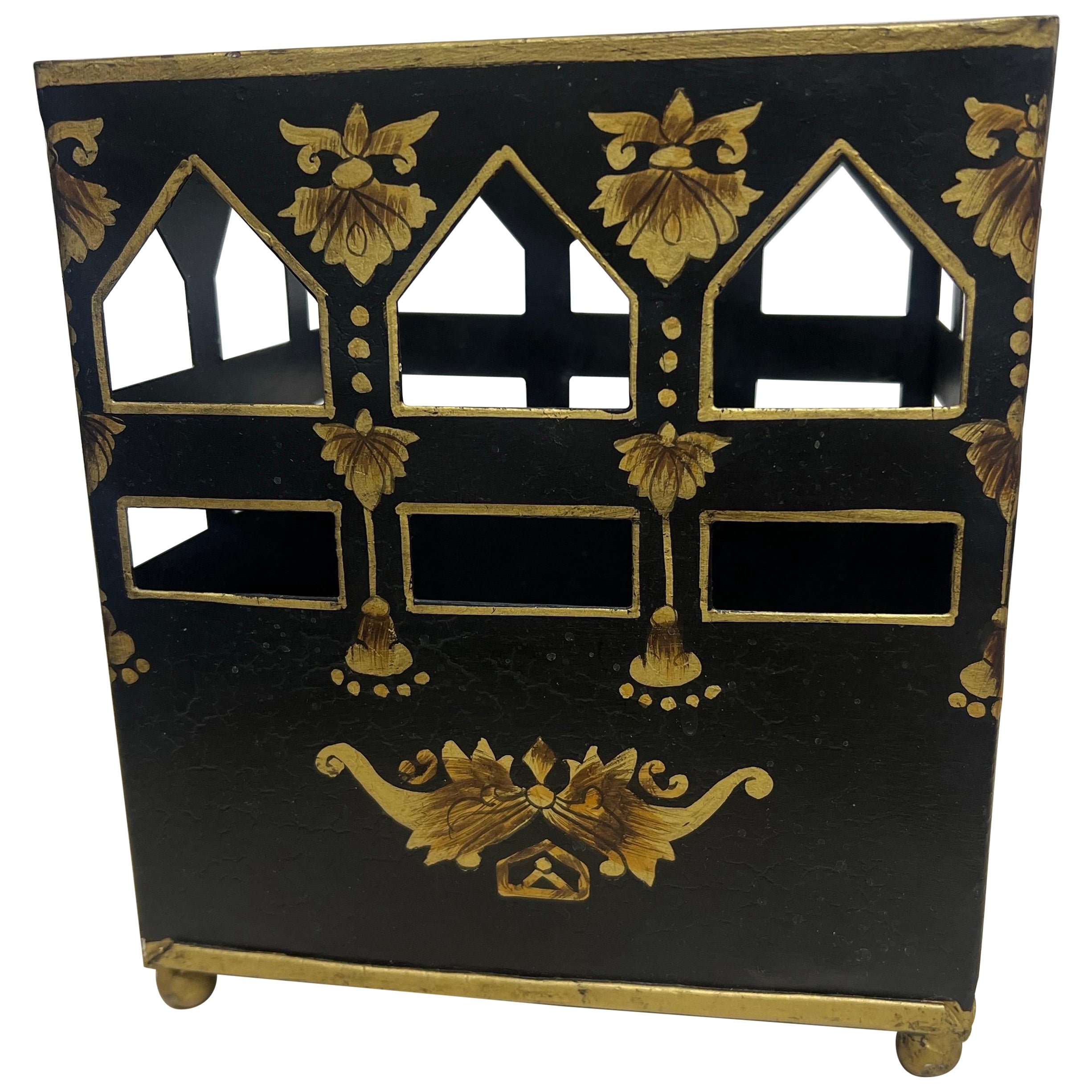 Papelera Vintage Años 80 Estilo Italiano Tole Negro y Oro