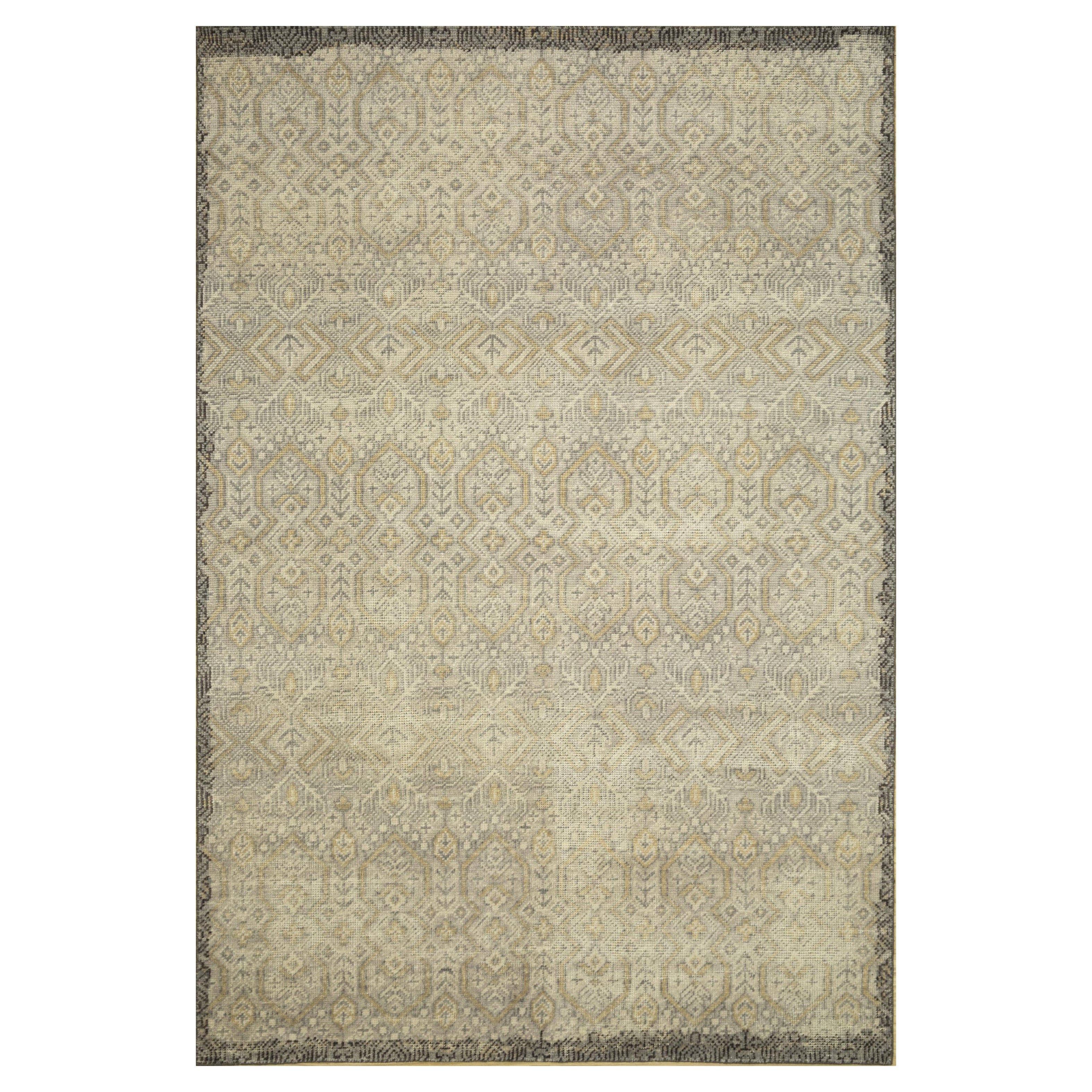 Hand-Knotted Wool Rug in Classic Gray and White, Contemporary Geometric Design