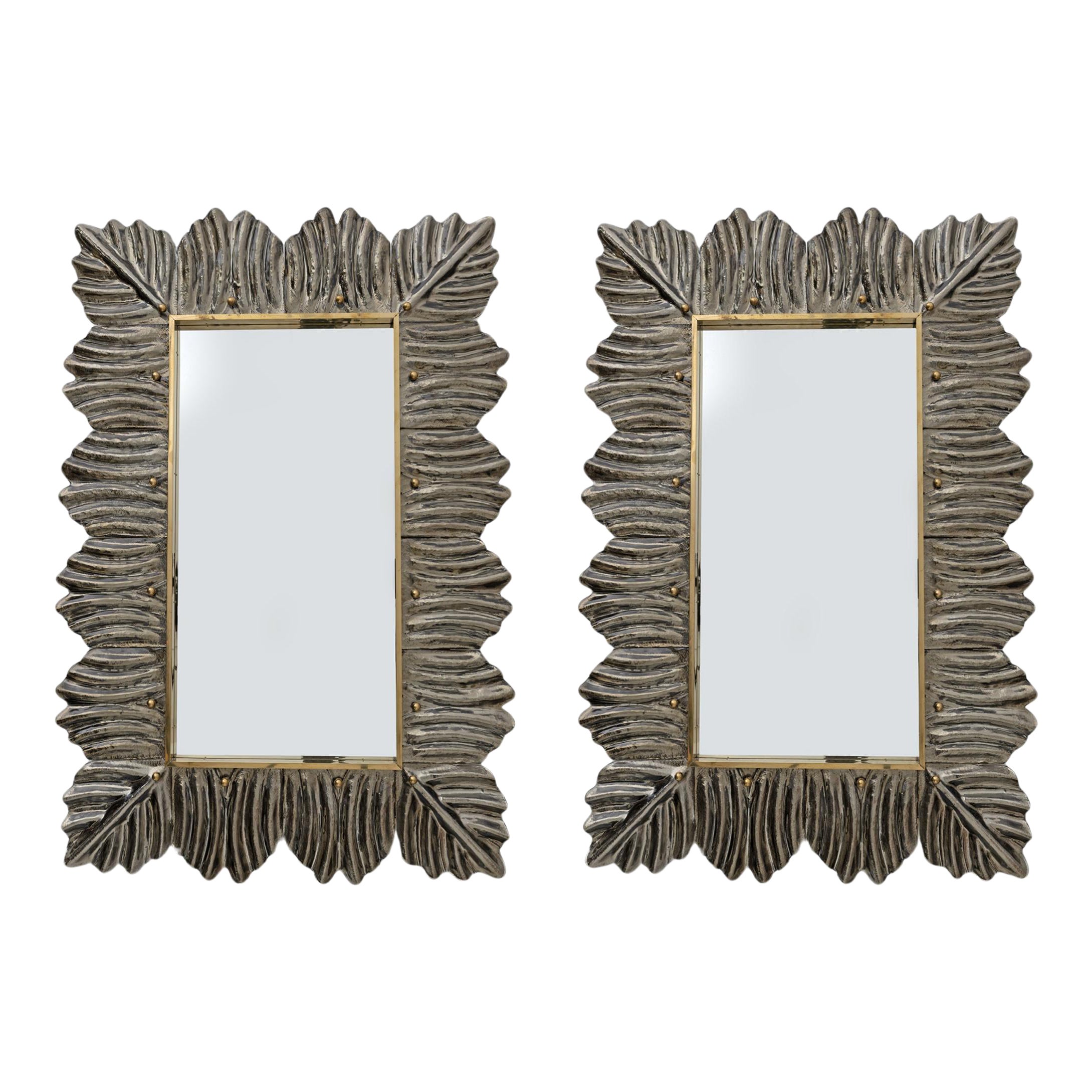 Pair of Mid Century Modern Italian Brass and Leaf Murano Glass Wall Mirrors For Sale