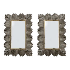 Pair of Mid Century Modern Italian Brass and Leaf Murano Glass Wall Mirrors