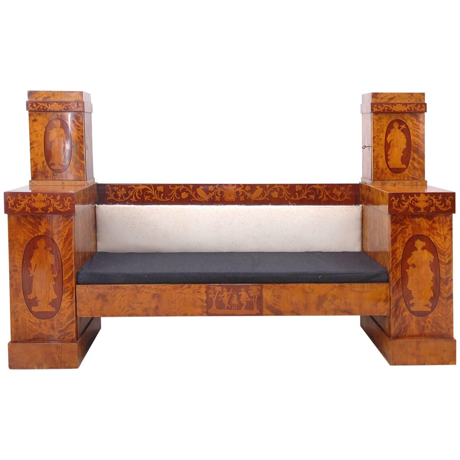 Empire Banquette or Window Seat in Birch with Marquetry Inlays, circa 1800 For Sale