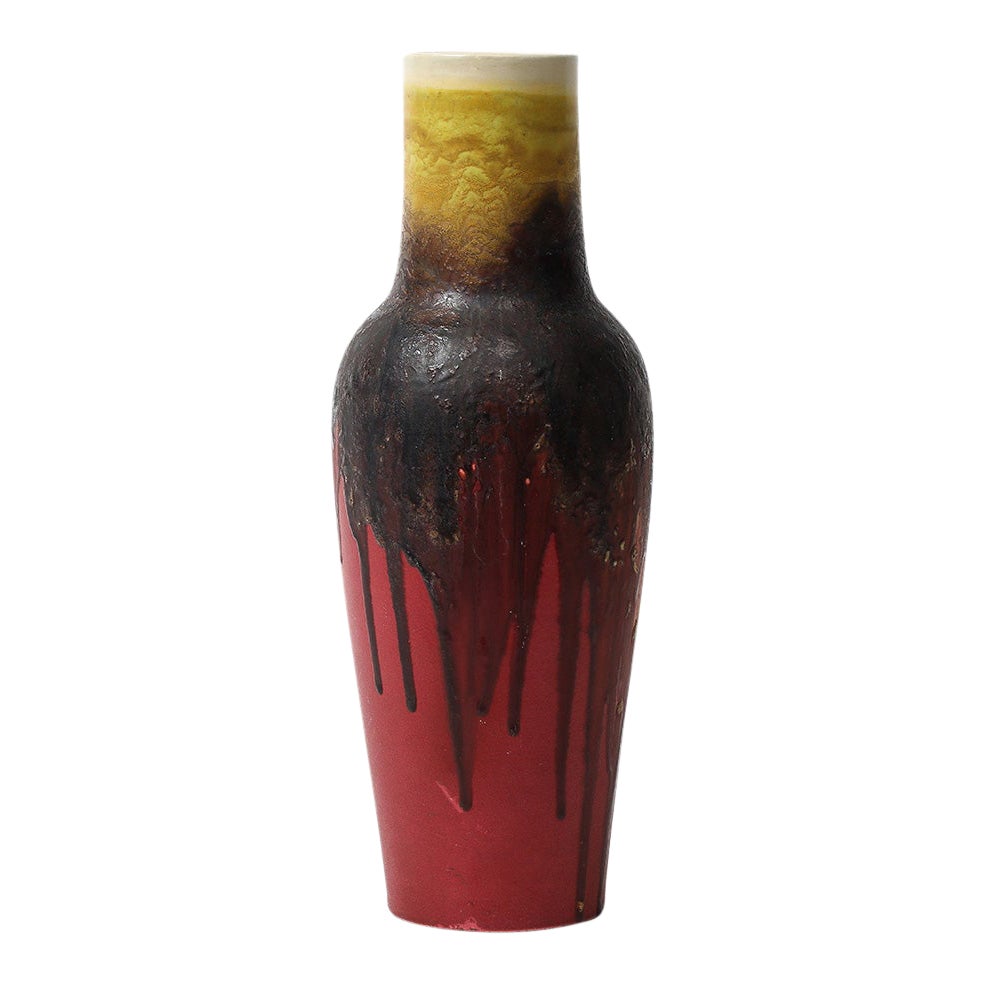 Marcello Fantoni Jarrón Raymor, cerámica, esmalte goteado, rojo burdeos, amarillo, firmado