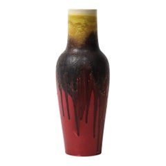 Marcello Fantoni Raymor Vase, Keramik, Tropfglasur, burgunderrot, gelb, signiert