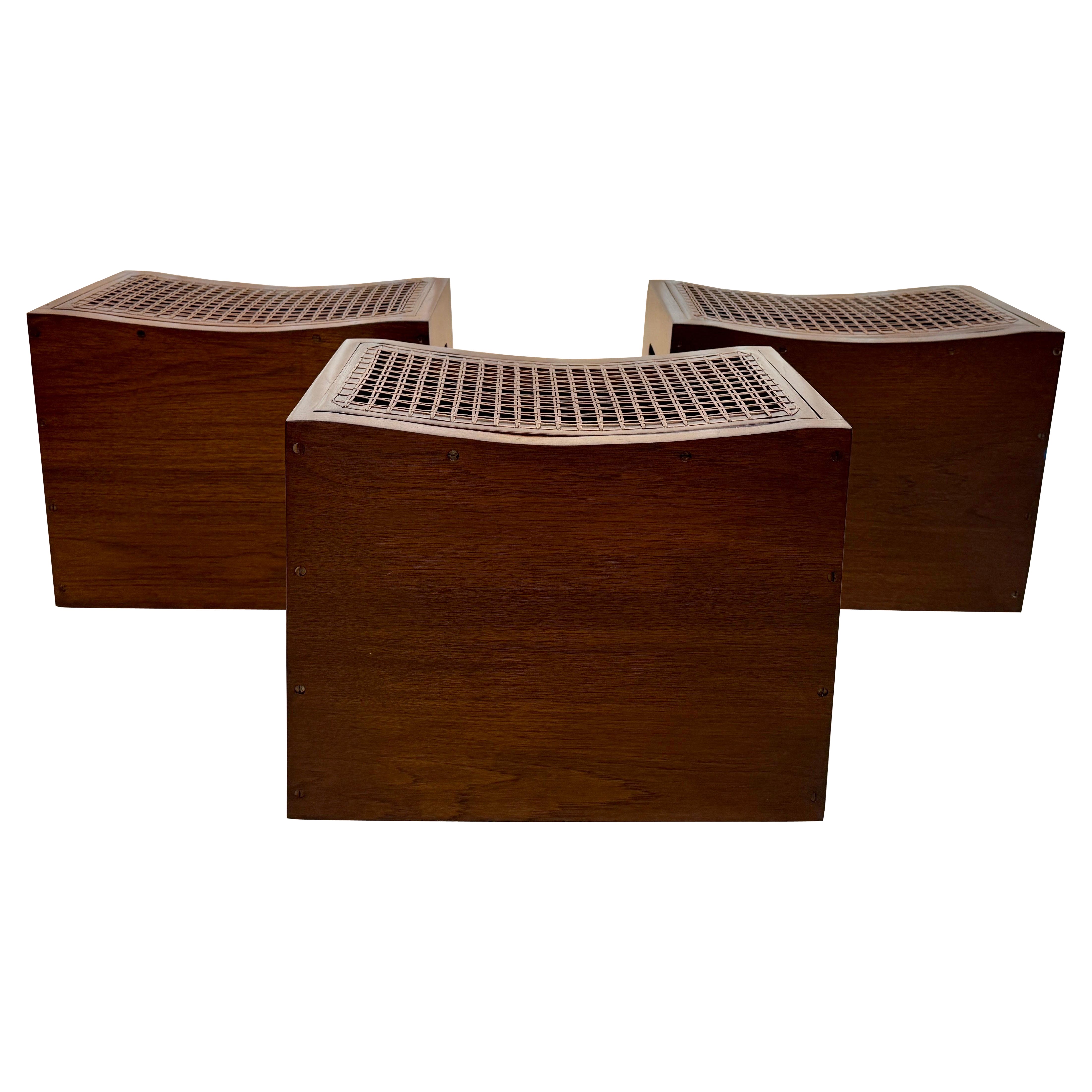 Solid Teak & Wicker Seat Occasional Stools - Three (3) Available For Sale