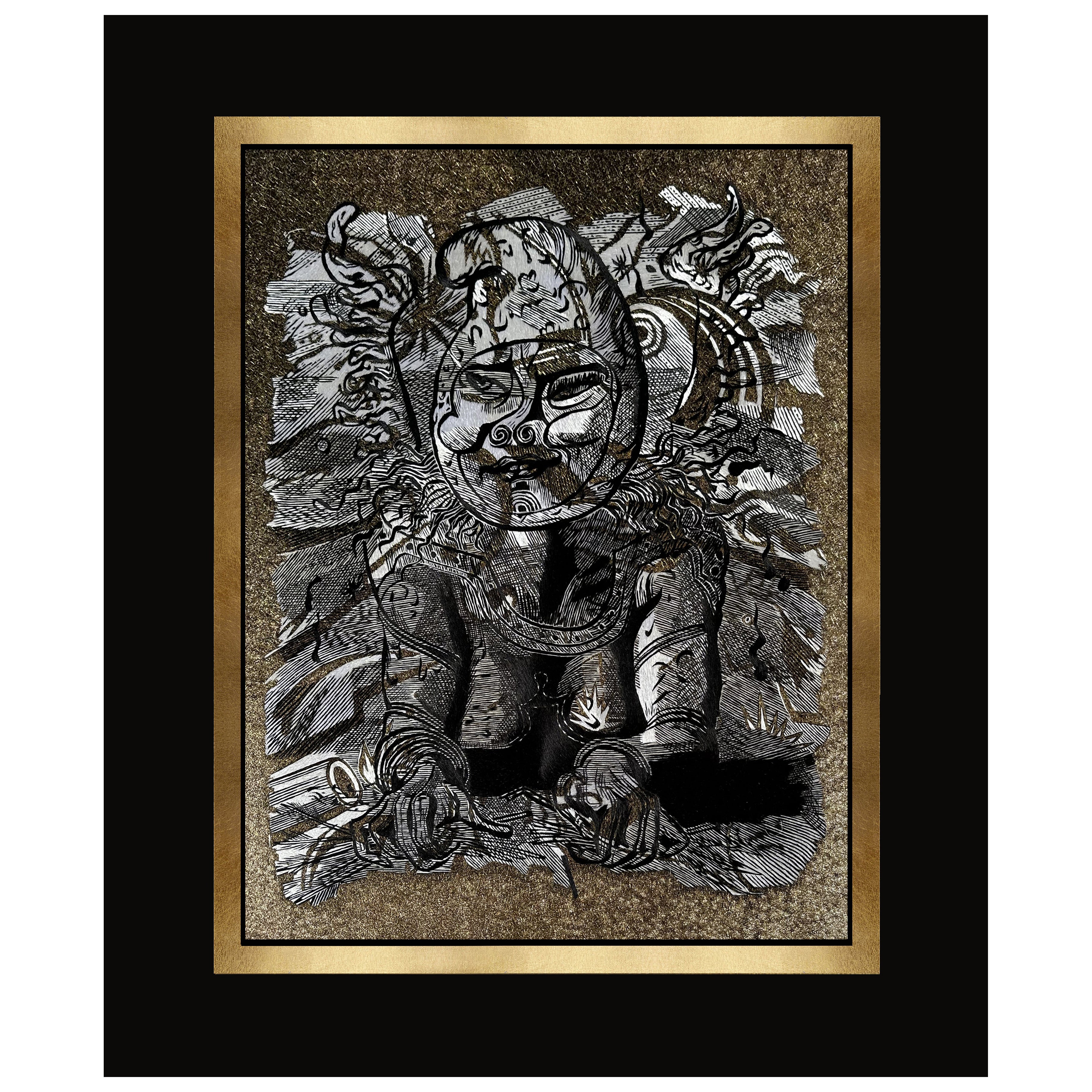 Wall Decoration Fine Silk and Metallic Threads Embroidery in Black Wood Frame For Sale