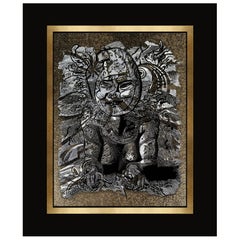 Wall Decoration Fine Silk and Metallic Threads Embroidery in Black Wood Frame