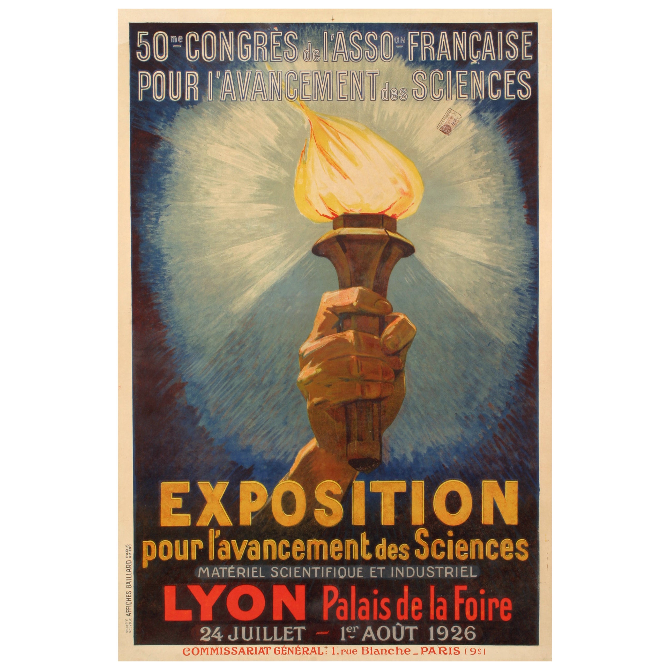 Cartel Vintage Original, Congreso Científico de Lyon, Llama de antorcha, Científico, 1926