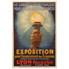Cartel Vintage Original, Congreso Científico de Lyon, Llama de antorcha, Científico, 1926