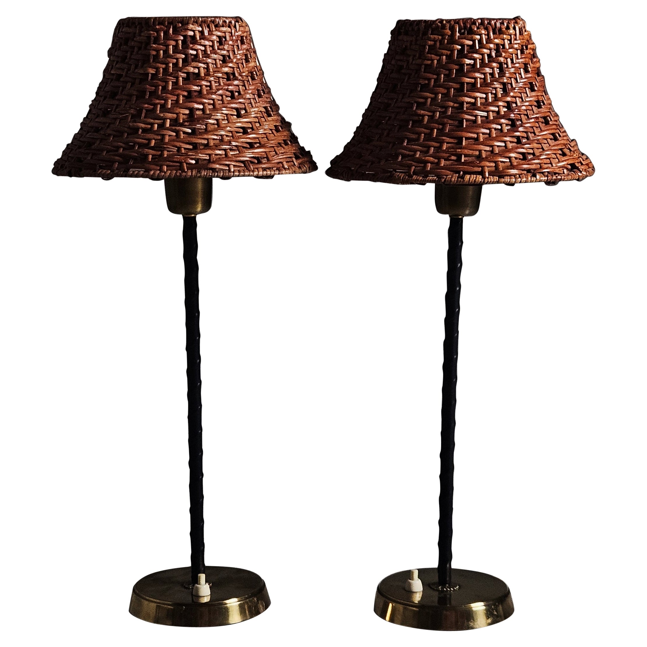 Swedish designer brass and leather table lamps, Falkenberg, 1960s For Sale