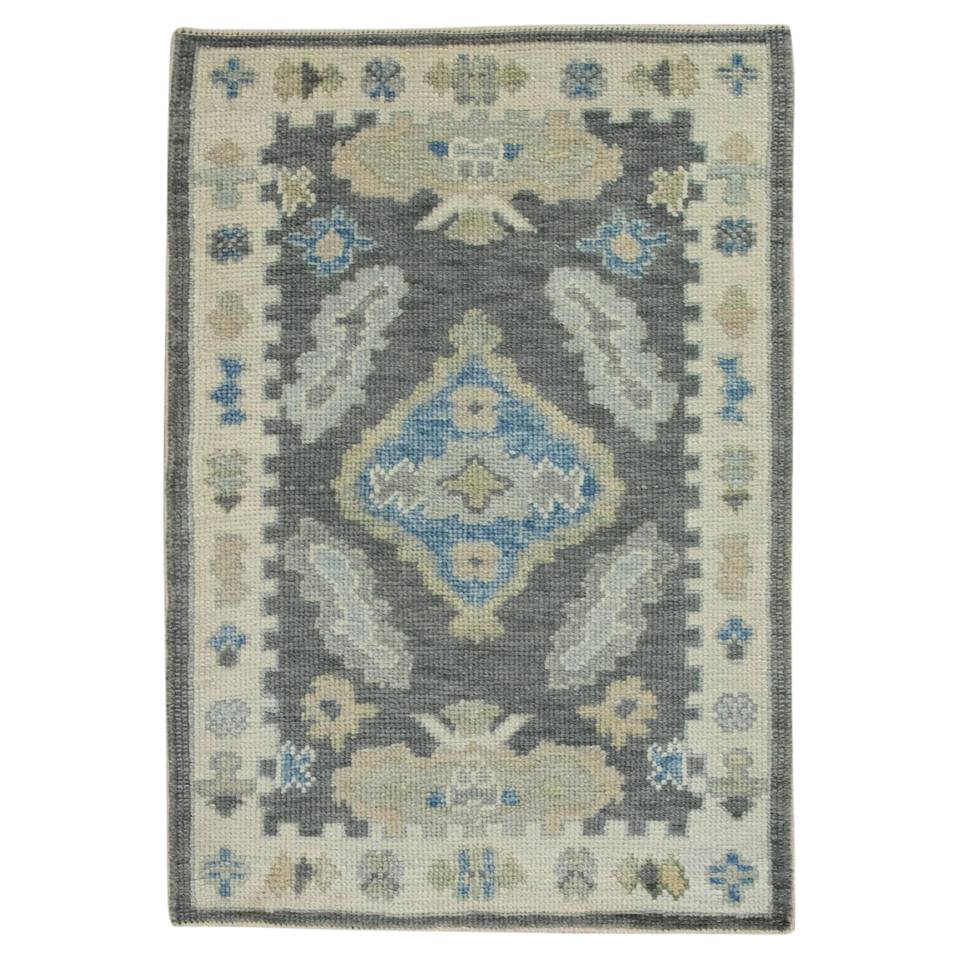 Turkish Oushak Rug Handwoven Wool Modern Gray Floral Rug 2'2" x 3'1"